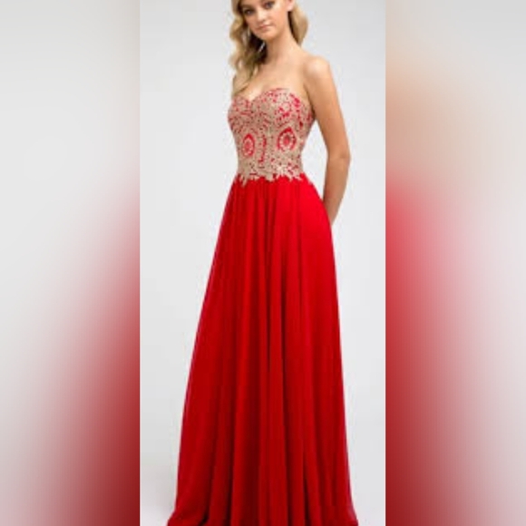 DANCING QUEEN Elegant Lace Up Red Strapless Evening Gown Dress Size L - Picture 1 of 11